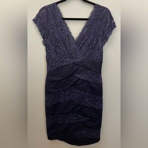 MARINA Blue Sequin Ruched Sheath Dress